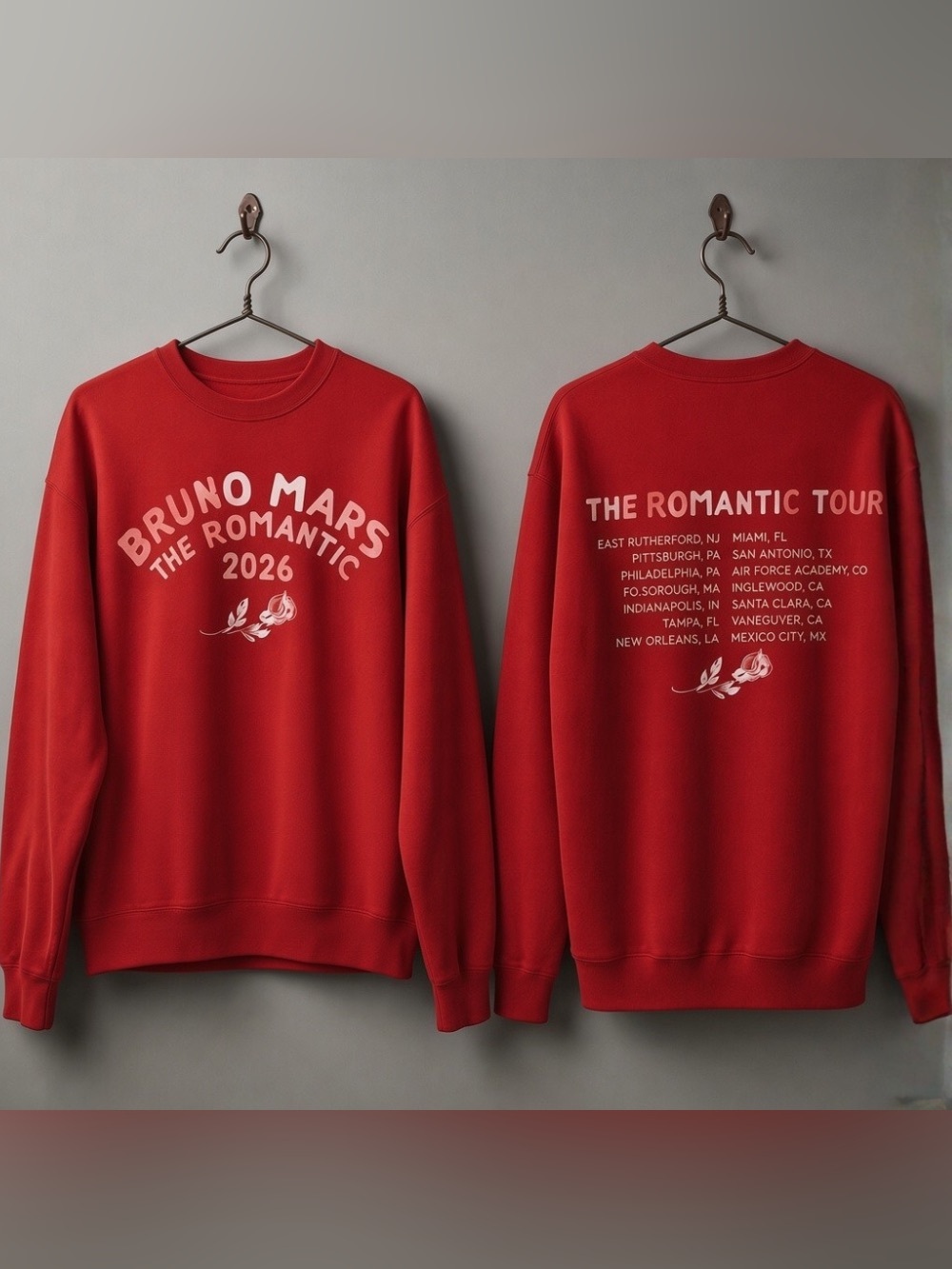 Bruno Mars The Romantic Tour 2026 Rose Cities Vintage Red Sweatshirt